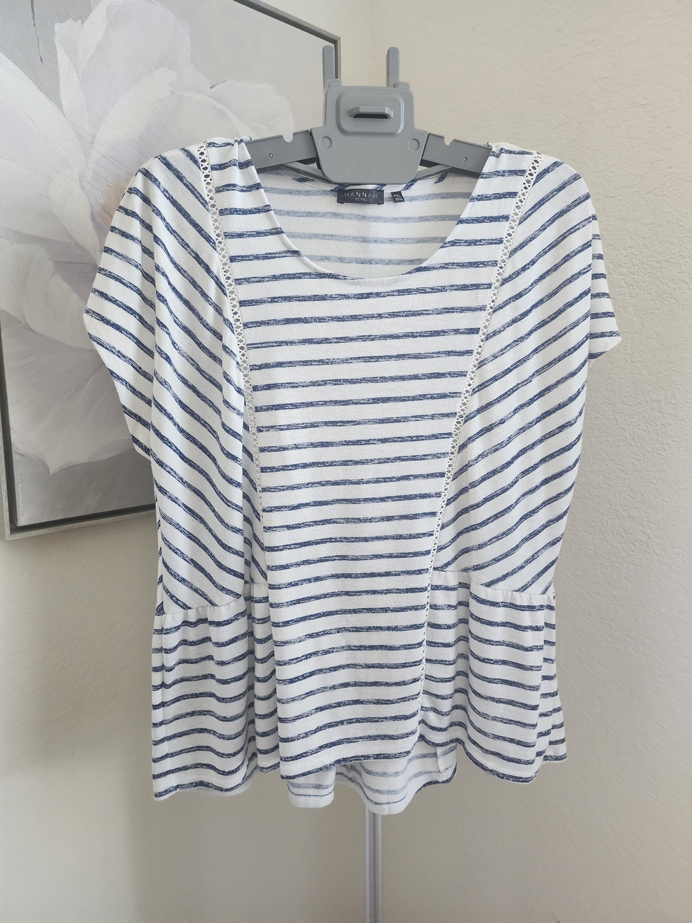 Hannah White and Navy Striped Peplum Short Sleeve Top